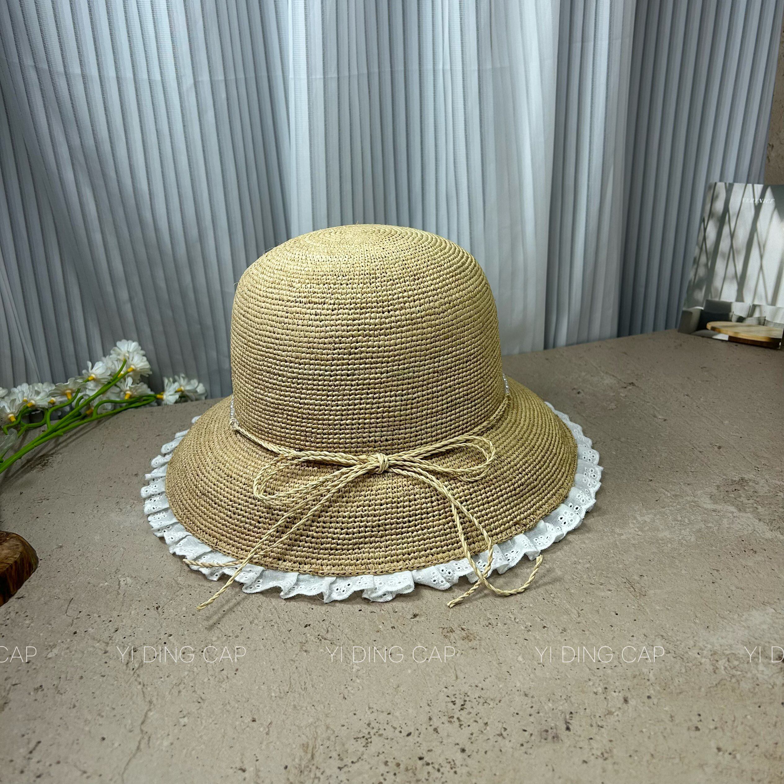 钩针拉菲草-蕾丝花边装饰渔夫帽女夏季优雅珍珠绑带盆帽遮阳草帽