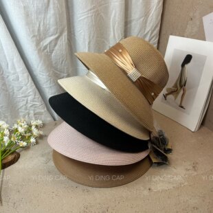 法式优雅新款仿麻钟形帽女褶皱织带珍珠装饰显脸小草帽遮阳防晒潮