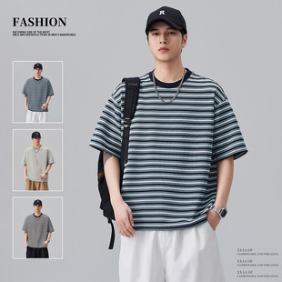 重磅短袖条纹T恤男宽松夏季圆领设计休闲上衣拼接撞色百搭体恤潮