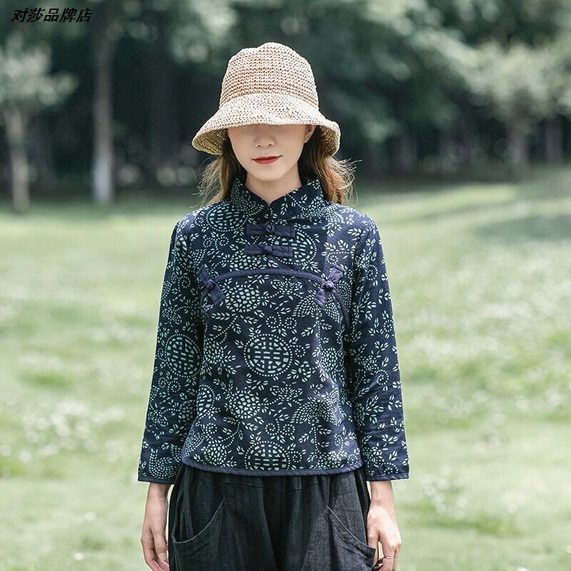 上衣年2026t恤衫棉麻中年印花新款妈妈装春秋宽松大码打底衫长袖