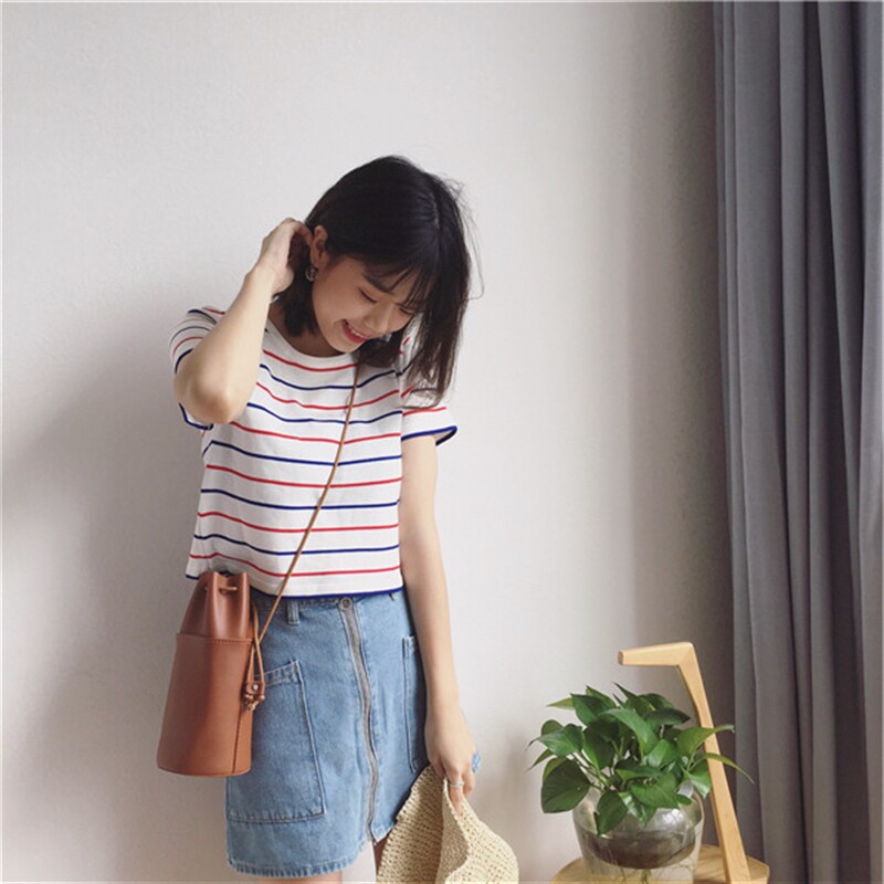 韩范2024新款短款紧身露脐上衣服打底衫条纹短袖t恤女学生春夏装