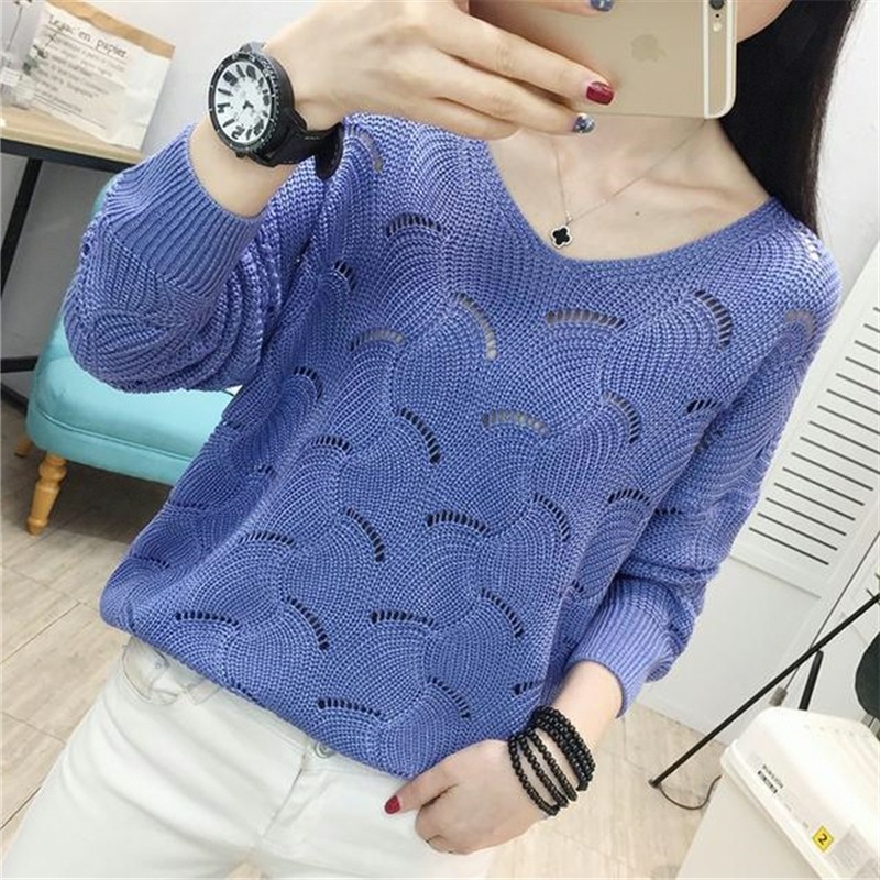 2025春秋新款韩版秋装镂空针织衫女V领宽松长袖薄款女士外穿上衣