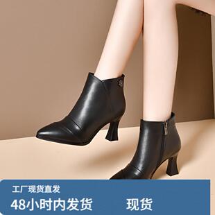 格纹高跟短靴2025秋冬新款尖头细高跟靴冬季时尚女性小裸色靴
