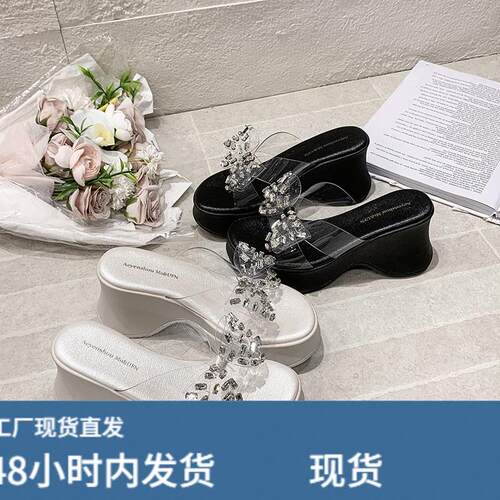 厚底拖鞋女夏外穿2026新款小个子坡跟水钻蝴蝶结凉拖鞋透明高跟鞋