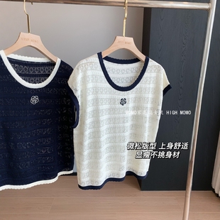 薄款 刺繡黑山茶 上衣針織衫 短袖 撞色鏤空花邊100天絲小飛袖 女夏