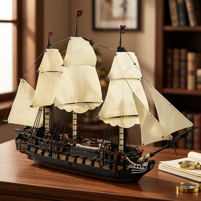 现货小颗粒MOC-147318中世纪超级护卫舰海盗船积木益智玩具模型
