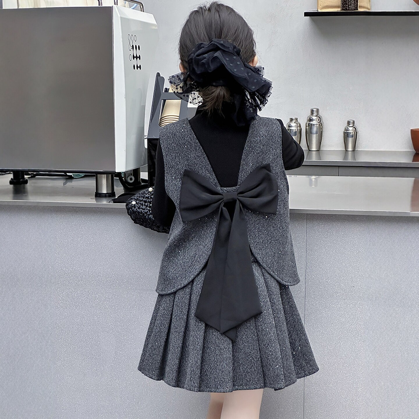 GBUBG 女童套装春秋季2026新款蝴蝶结时髦小香风马甲背心裙三件套