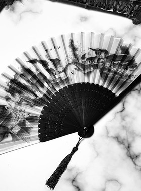 【黑骨】布面竹质二青折叠扇扇子女中国古风扇子折扇学生礼品