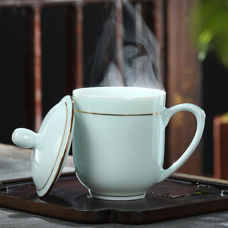 景德镇茶杯陶瓷办公杯带盖家用杯子水杯影青瓷会议室茶杯青釉,餐饮具,茶杯,淘宝优惠券,粉丝福利购,淘宝优惠卷