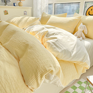 A类纯色纯棉床上四件套100全棉三层棉纱床品被套床单三件套床笠款