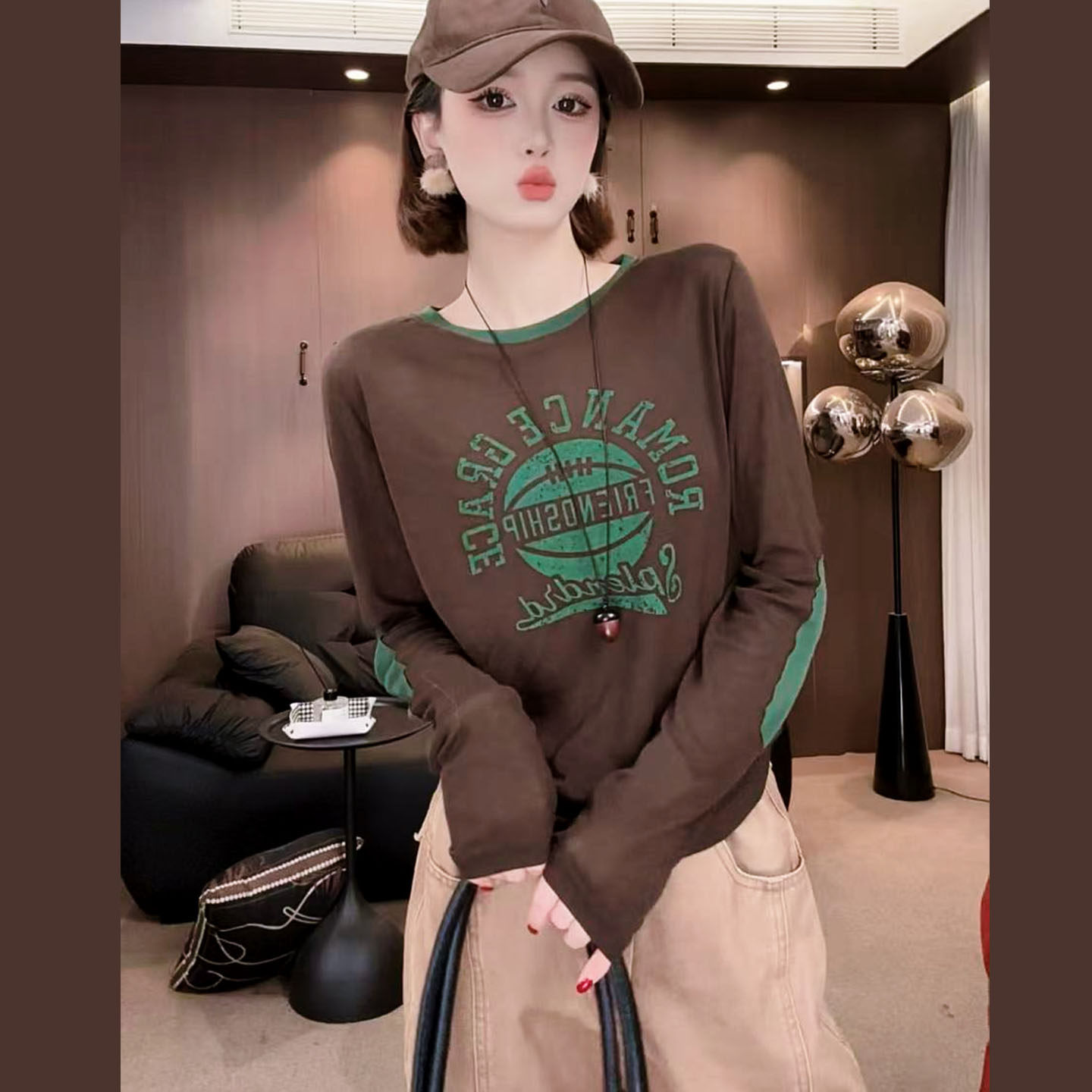 韩系撞色拼接补丁针织长袖T恤女