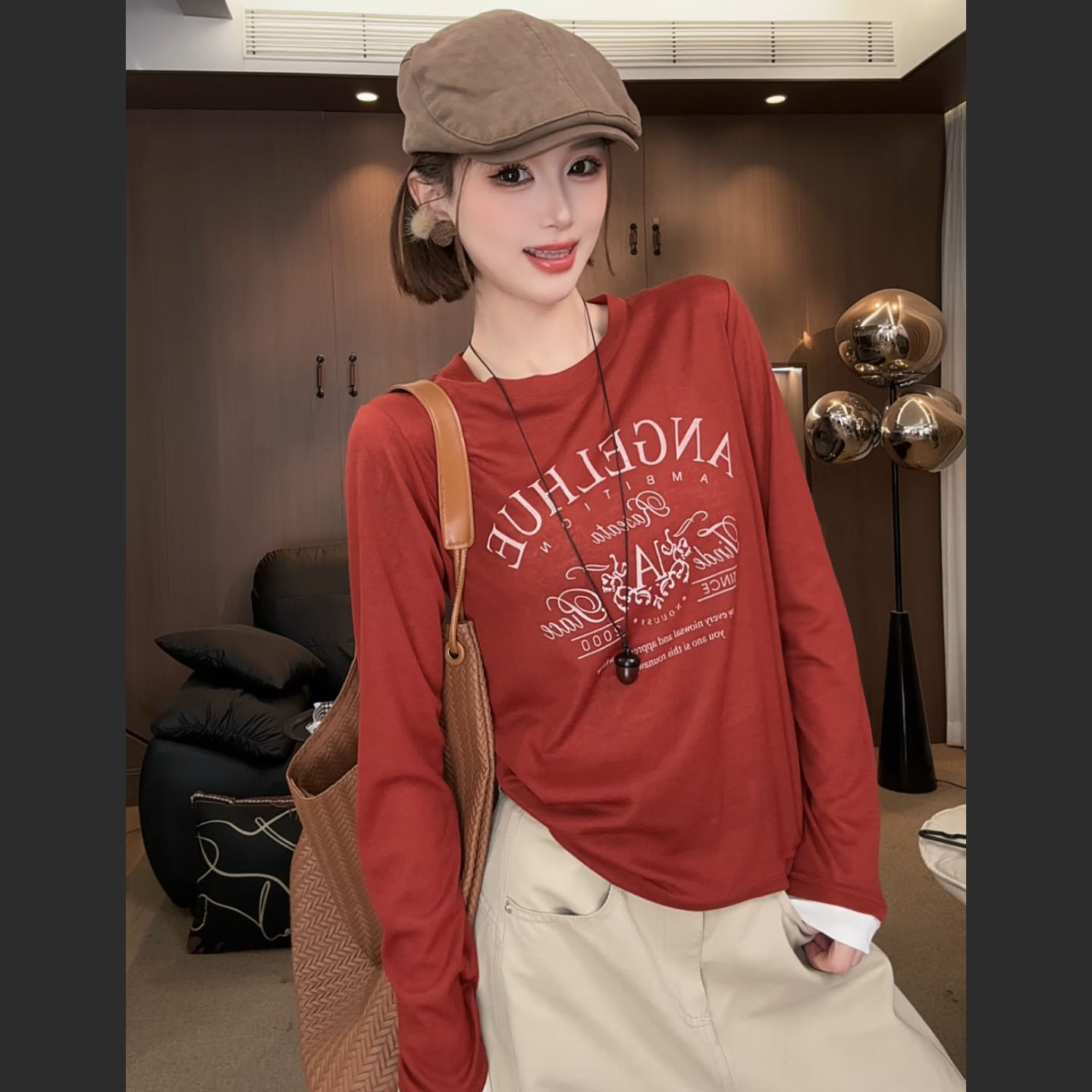 Angelhue复古红长袖显瘦T恤女