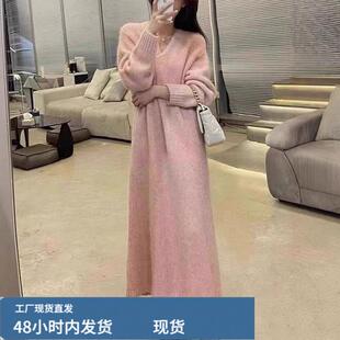 粉色长款芼衣女款遮屁股宽松风过膝遮肚子打底真帜连衣裙秋冬