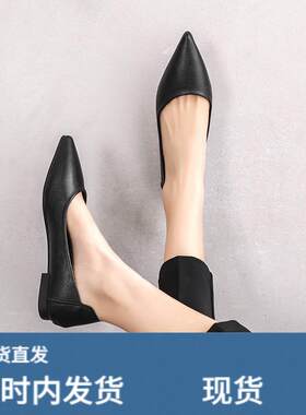真皮牛皮平底女工作鞋黑色软底尖头浅口职业鞋工鞋大尺码女鞋41-4