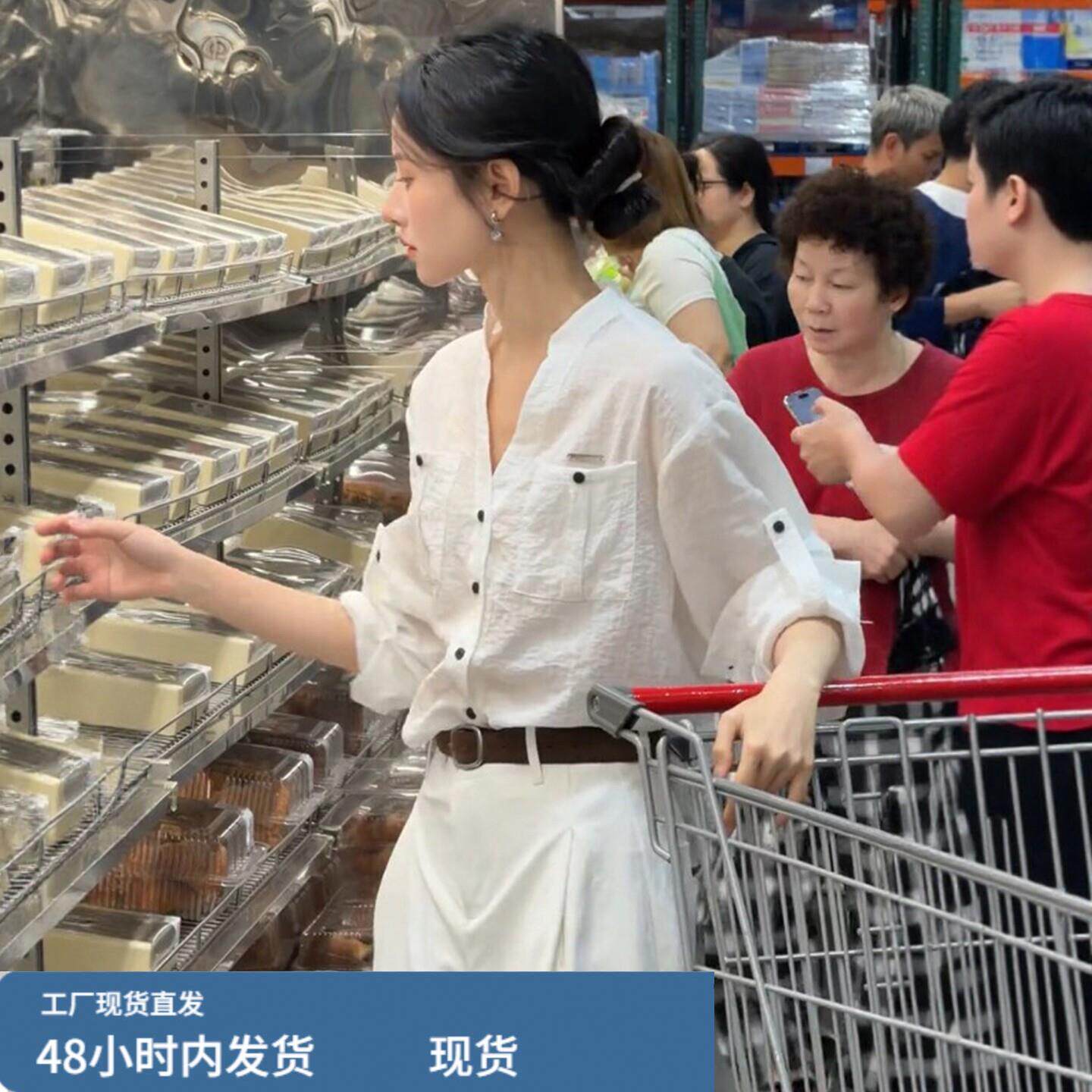 通勤穿搭白色立领薄款衬衫女款2026新款慵懒松弛感宽松显瘦上衣服图片