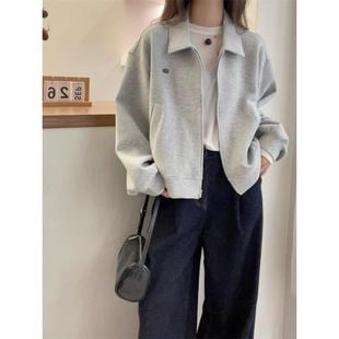 加码高端灰色右肩翻领长袖运动衫外套秋季妇女胖毫米苗条开衫夹克