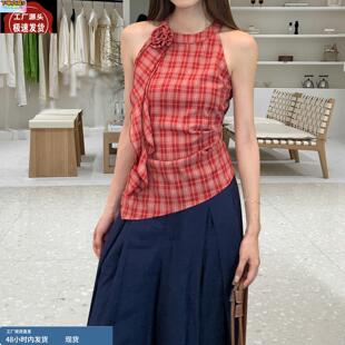 十三行2025夏季度假风圆领立体花褶皱格子不规则无袖背心上衣女