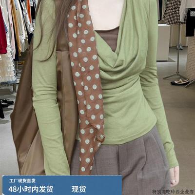 十三行2025秋装新款法式覆古荡领拼接假两件绿色小衫休闲T恤上衣