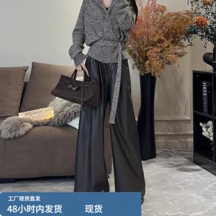 深咖色PU皮裤女2025冬季加厚加绒小个子高腰垂感显瘦设计感阔腿裤