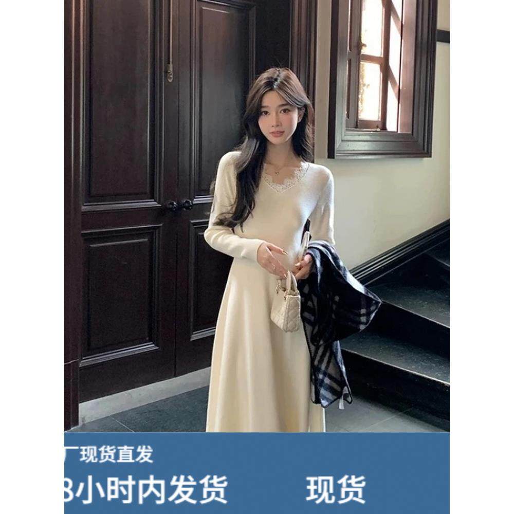 巨好看长袖针织连衣裙女秋冬蕾丝边V领长裙法式气质打底内搭裙子,运动/瑜伽/健身/球迷用品,瑜伽短裙,淘宝优惠券,粉丝福利购,淘宝优惠卷