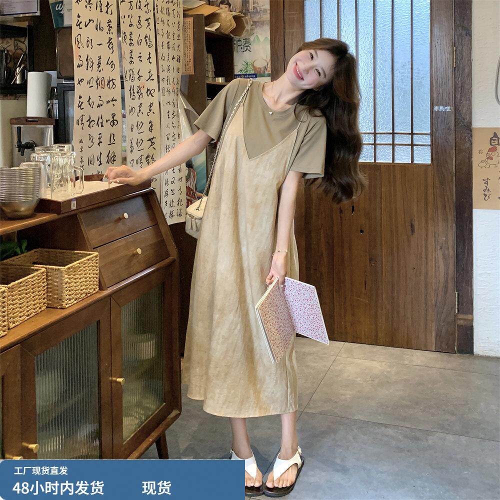 轻奢风吊带假两件T恤连衣裙女春夏2026新款时尚显瘦氛围感一整套