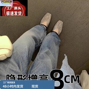 内增高女鞋夏季33码法式绝美小单鞋小个子黑色高跟鞋粗跟时尚气质
