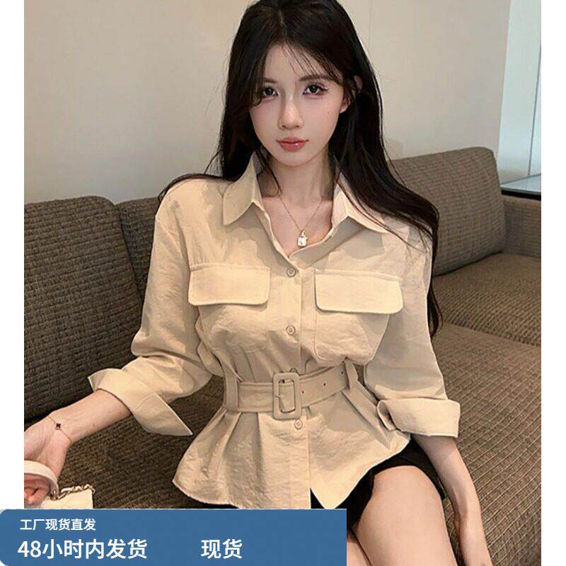 港味时尚POIO领设计感七分袖腰带显瘦衬衣女早春2026超火减龄上衣