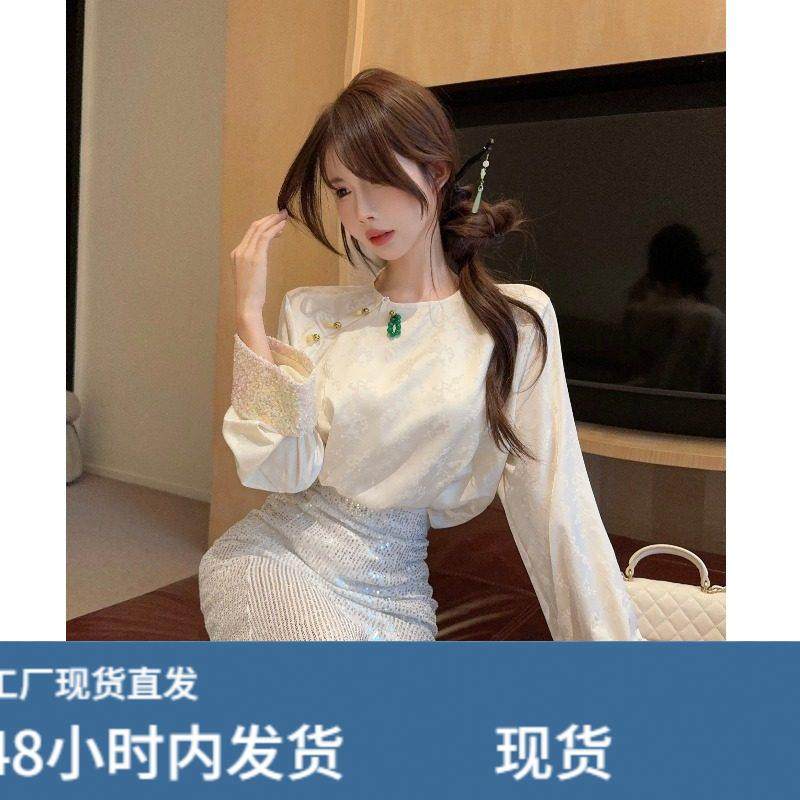 新中式喇叭袖提花珠扣亮片宽松衬衫秋冬国风洋派百搭长袖T恤上衣,服饰配件/皮带/帽子/围巾,口袋巾,淘宝优惠券,粉丝福利购,淘宝优惠卷