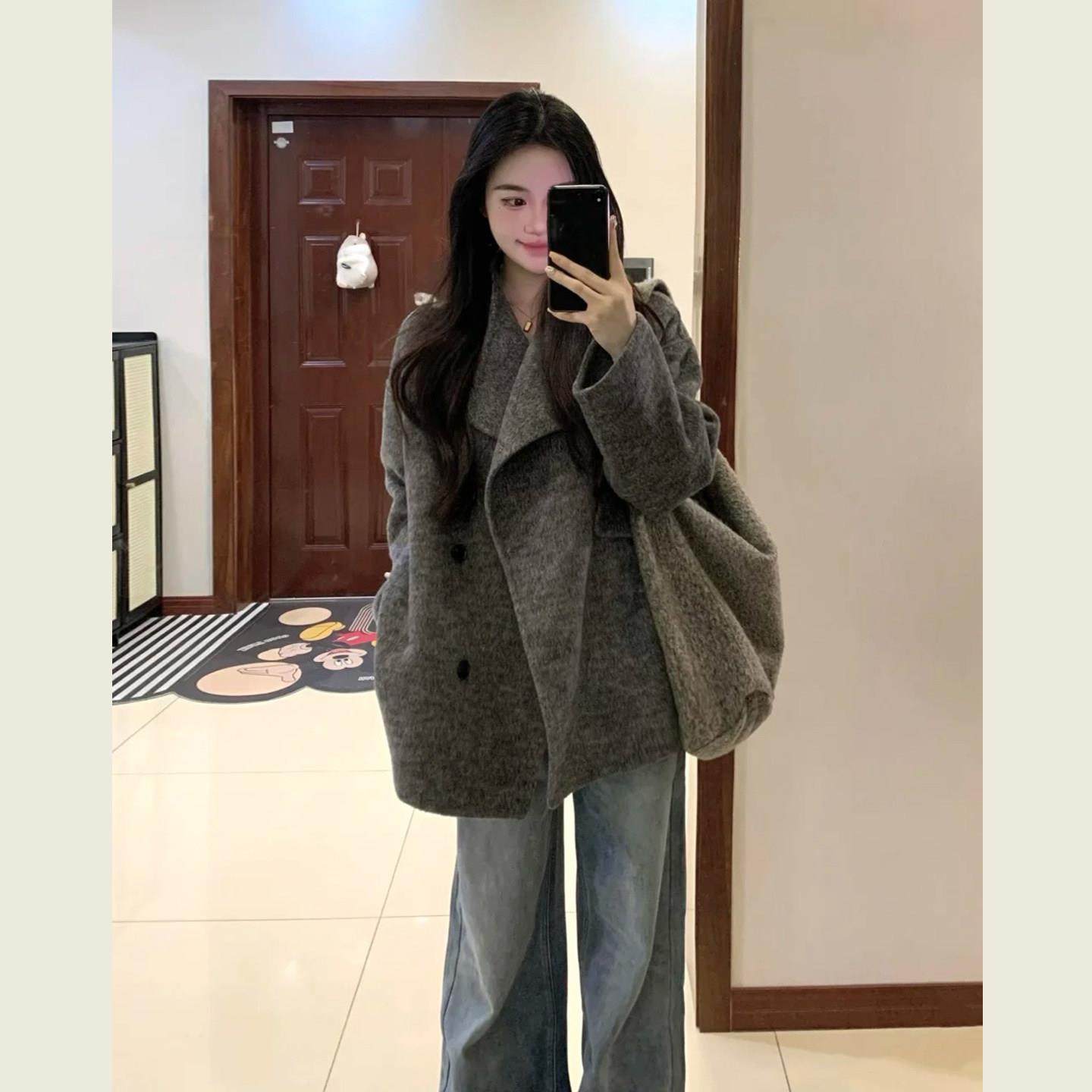 韩系赫本风灰色翻领毛呢外套女冬季小个子通勤宽松显瘦毛呢大衣,运动/瑜伽/健身/球迷用品,广场舞套装,淘宝优惠券,粉丝福利购,淘宝优惠卷