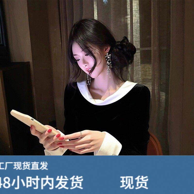 法式撞色荡领长袖丝绒衬衫女秋冬复古气质优雅别致洋气超好看上衣,女装/女士精品,真丝上装,淘宝优惠券,粉丝福利购,淘宝优惠卷