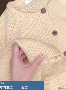 广州十三行覆古爆款黄色圆领针织开衫女秋冬季单排扣软糯毛衣外套