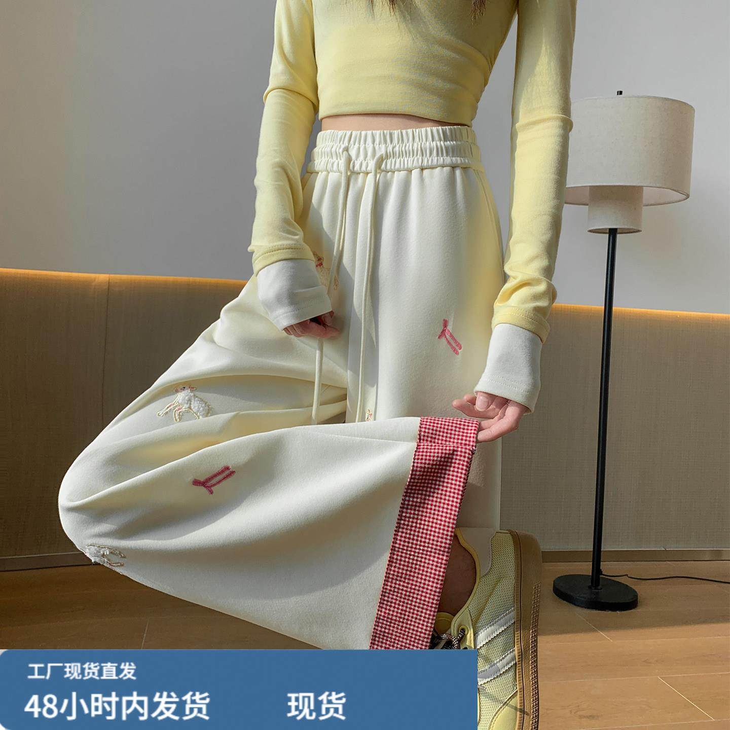 韩版甜美可爱风刺绣阔腿裤女春秋新款复古格子拼接显瘦百搭休闲裤,模玩/动漫/周边/娃圈三坑/桌游,Cosplay女装/cos女装,淘宝优惠券,粉丝福利购,淘宝优惠卷