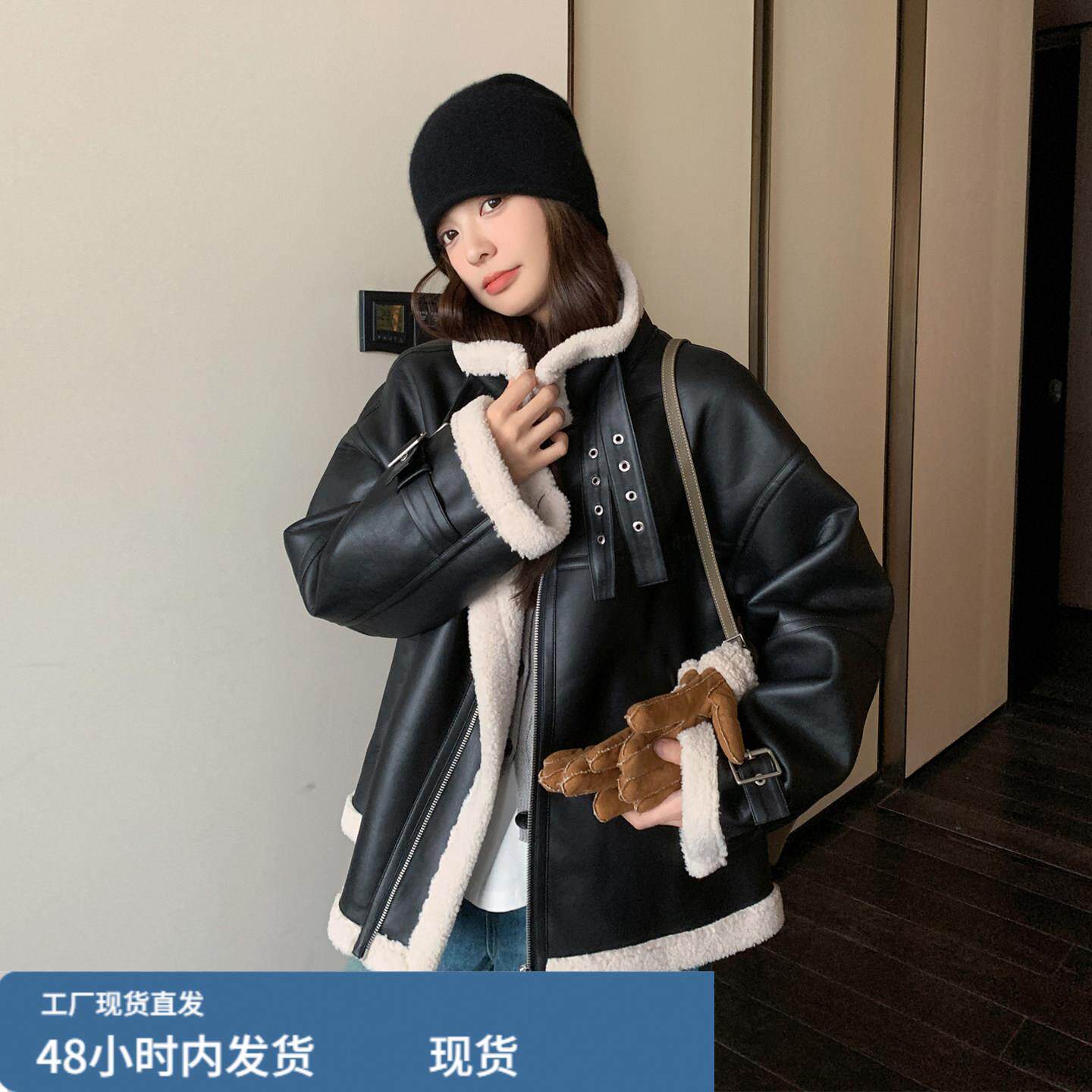 黑色仿羊羔毛外套机赛车服女冬2025新款立领夹克PU皮毛一体加厚上