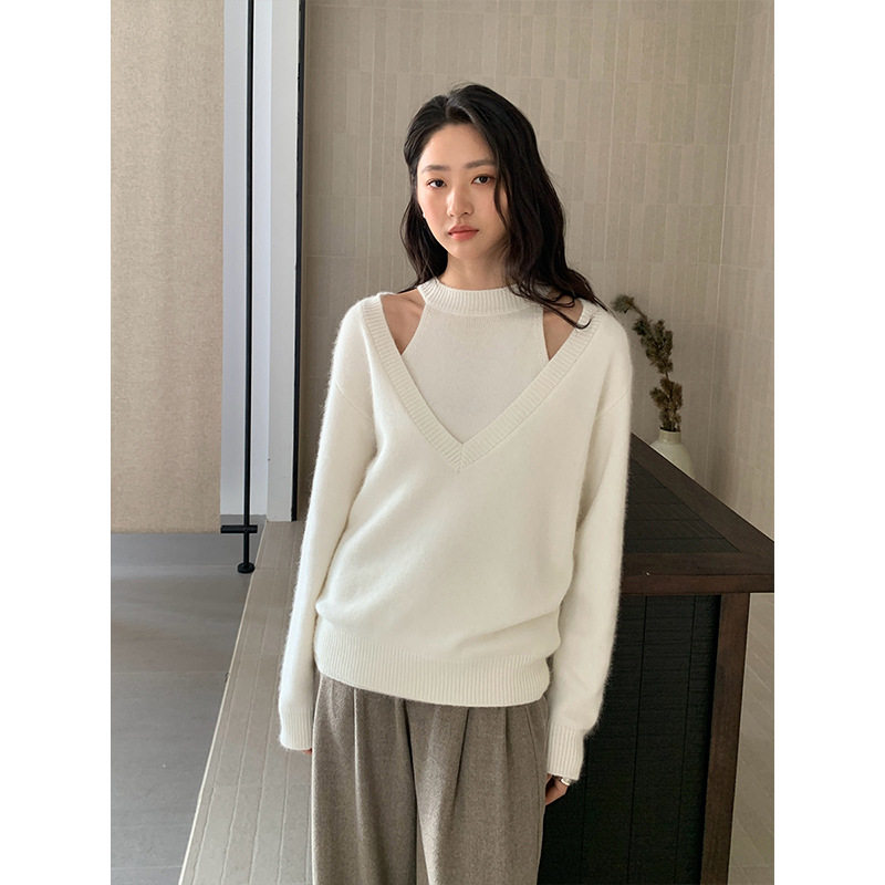 THE MIND浣熊绒挂脖背心+毛衣两件套2025冬新款韩版慵懒上衣T5651