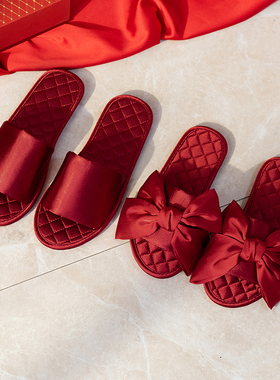 结婚拖鞋喜庆红色一对春夏情侣陪嫁婚礼晨袍新郎新娘红本命年喜庆