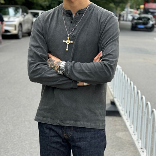 水洗做旧复古亨利领长袖桶织T恤