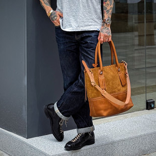 Lucky John 奢华质感 日本手作黄金翻毛皮拼接菊花银扣Tote托特包