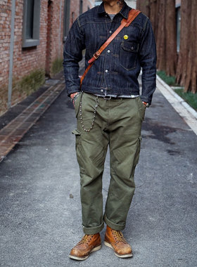 Geruga 经典工装绿 百搭重磅赤耳斜纹面料多袋复古机车休闲裤