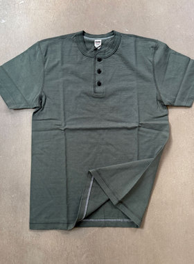 BARNS日产COZUN老式梭织机制重磅复古三本针纯色亨利领短袖T恤