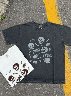 BARNS 日产老式梭织机制重磅水洗做旧复古骷髅双面印花桶织T恤