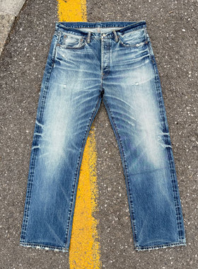 WIROTE威络 冰蓝自然系水洗做旧复古立体猫须破洞赤耳牛仔裤