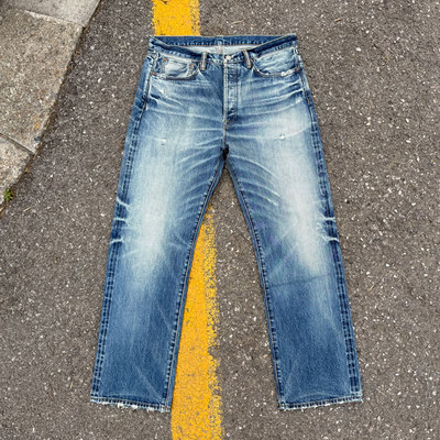 WIROTE威络 冰蓝自然系水洗做旧复古立体猫须破洞赤耳牛仔裤