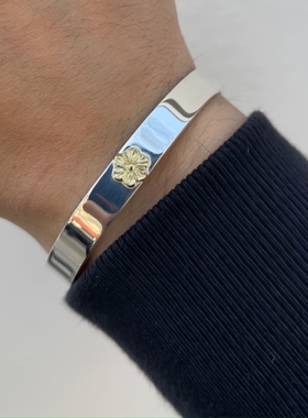 Dear Blossom 简单耐看 日本手打18K金做旧蔷薇花窄版平打银手镯