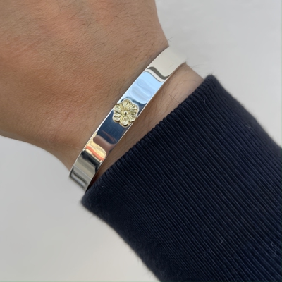 Dear Blossom 简单耐看 日本手打18K金做旧蔷薇花窄版平打银手镯