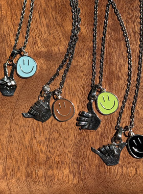 North Works微笑每天 古董摩根银币+珐琅工艺笑脸双吊坠项链套装