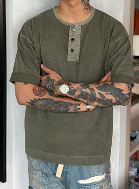 Barns 日产COZUN老式梭织机制重磅水洗做旧蝴蝶金属扣亨利领T恤