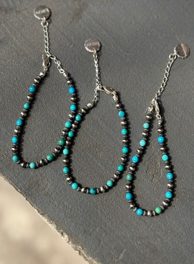 Kazoo 情侣款 日本手作美国矿区天然松石银籽珠相间925银复古手链