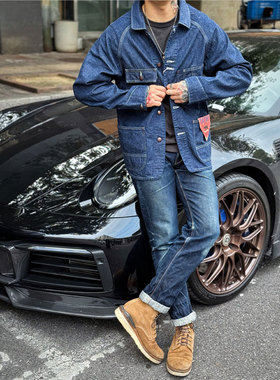 Workers Japan 9.5oz缓慢梭织三本针复古多袋猫扣牛仔工装夹克