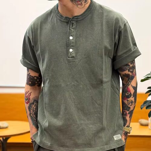 Kriff Mayer 情侣款 重水洗酵素水洗做旧宽松剪亨利领短袖T恤