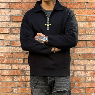 Riding High日本制老式梭织机制重磅加绒半拉链设计纯色套头卫衣